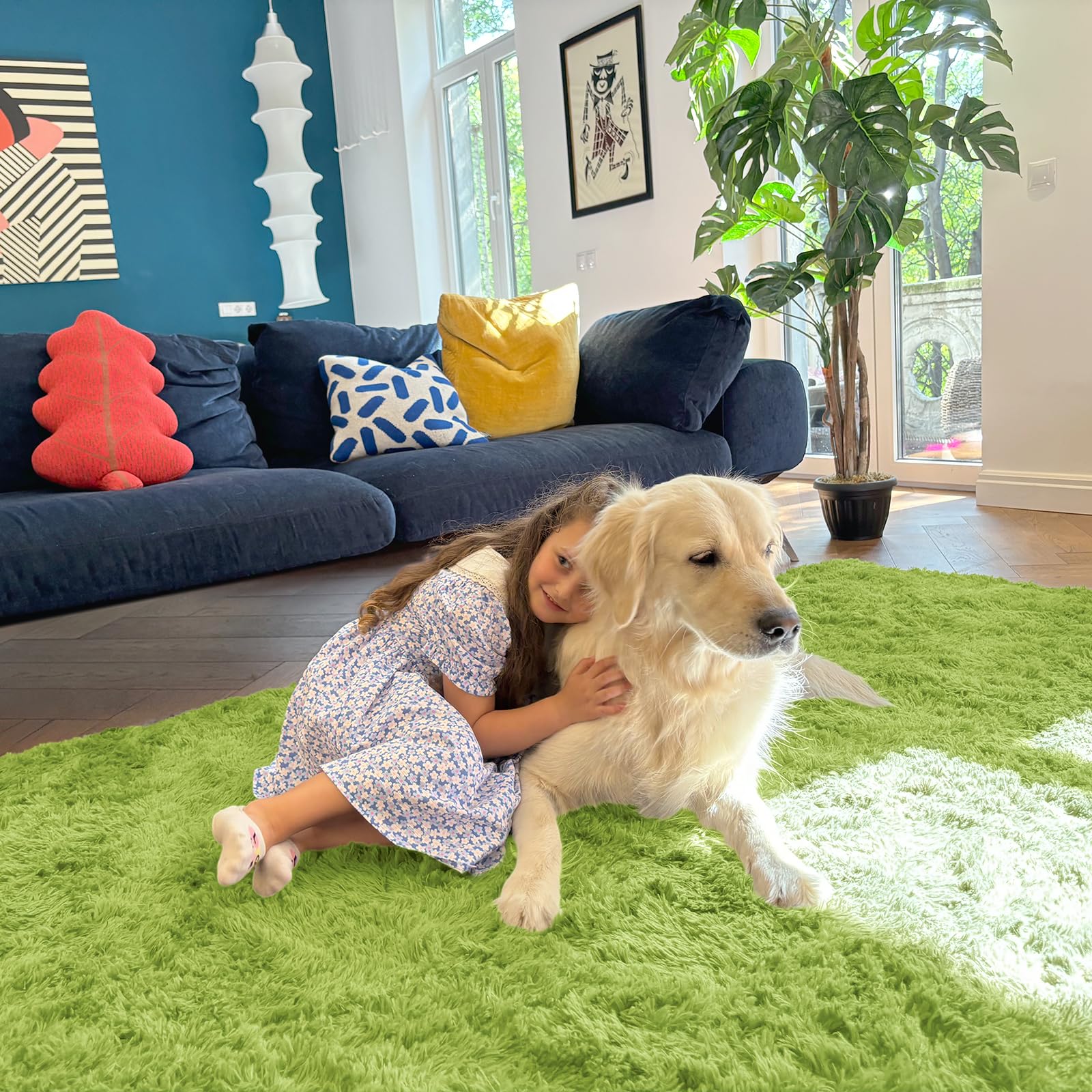 OLANLY 5x8 Machine Washable Large Area Rugs for Living Room, Bedroom, Soft Fluffy Shaggy Bedside Rug, Indoor Floor Carpet for Kids Girls and Boys, Dorms, Nursery, Home Decor Aesthetic, Grass Green