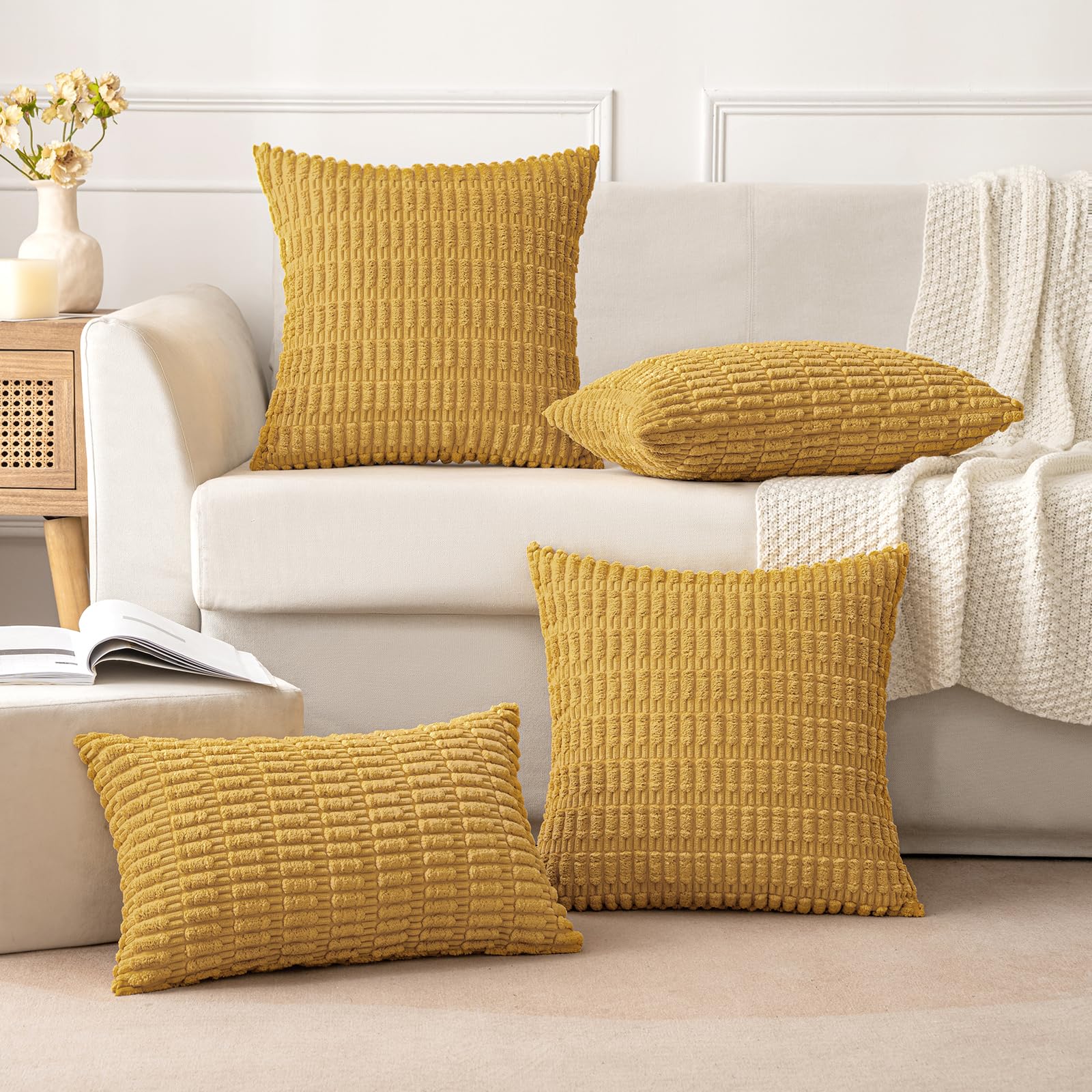 MIULEE Corduroy Decorative Throw Pillow Covers 20x20 Yellow Pack of 2