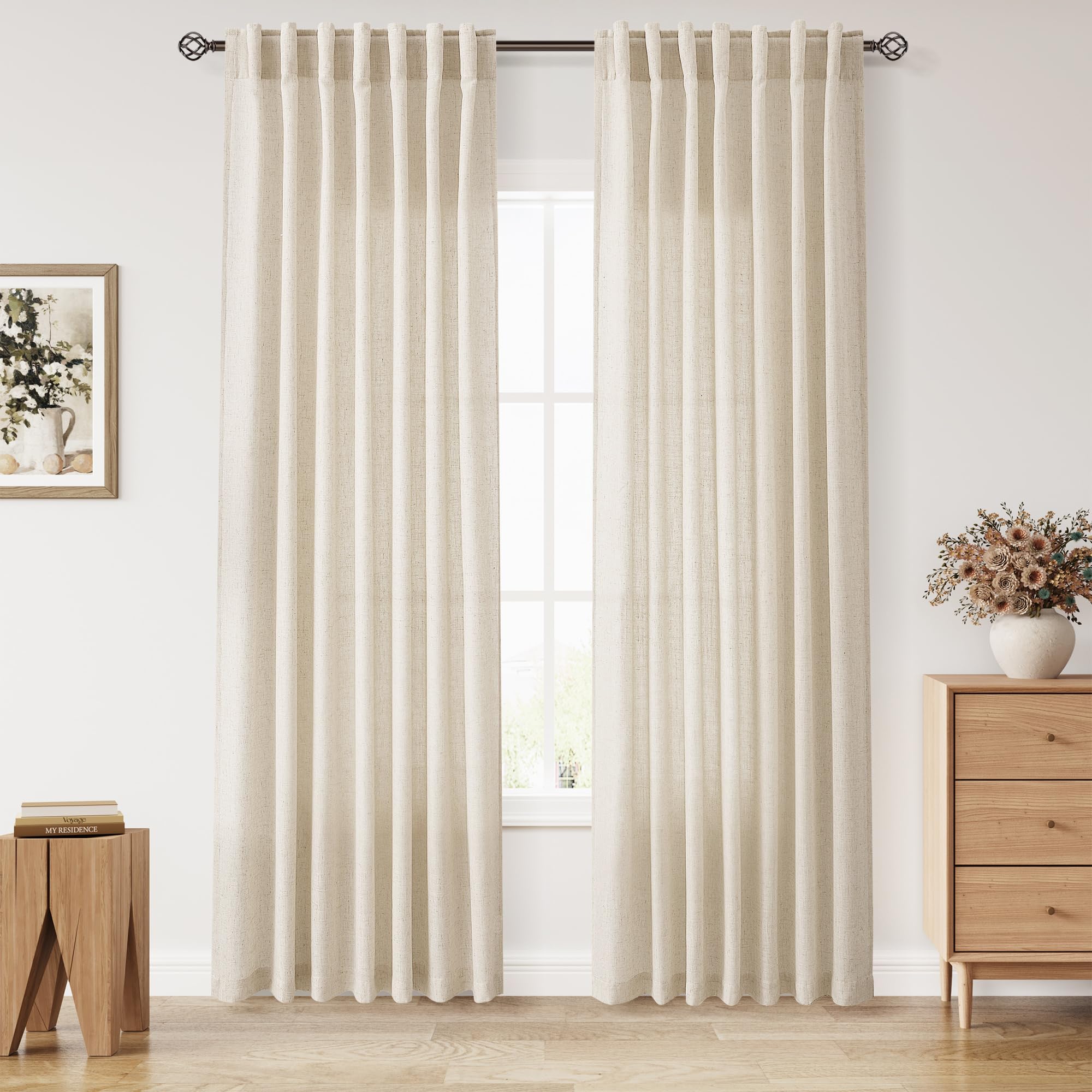 Nanspring Cream Beige Linen Curtains 84 Inches Long for Living Room Light Filtering Semi Sheer Curtain Back Tab Modern Farmhouse Decor Elegant Luxury Coastal Drapes for Bedroom Office 52x84,2 Panels