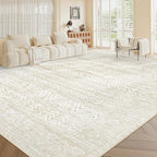 Living Room Rugs 10x14: Washable Moroccan Geometric Boho Rug Farmhouse Non Slip Stain Resistant Large Rug Low Pile Soft Carpet for Bedroom Dining Room Kids Room (Ivory Beige,10'x14')