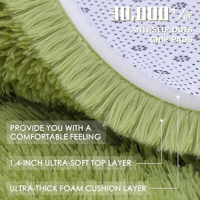 OLANLY Grass Green Round Rugs for Bedroom - Machine Washable, 3 ft Circle Area Rugs for Living Room, Soft and Fluffy Shaggy Carpet for Teen Girls and Boys, Nursery Rooms, Dorms, Home Decor Aesthetic