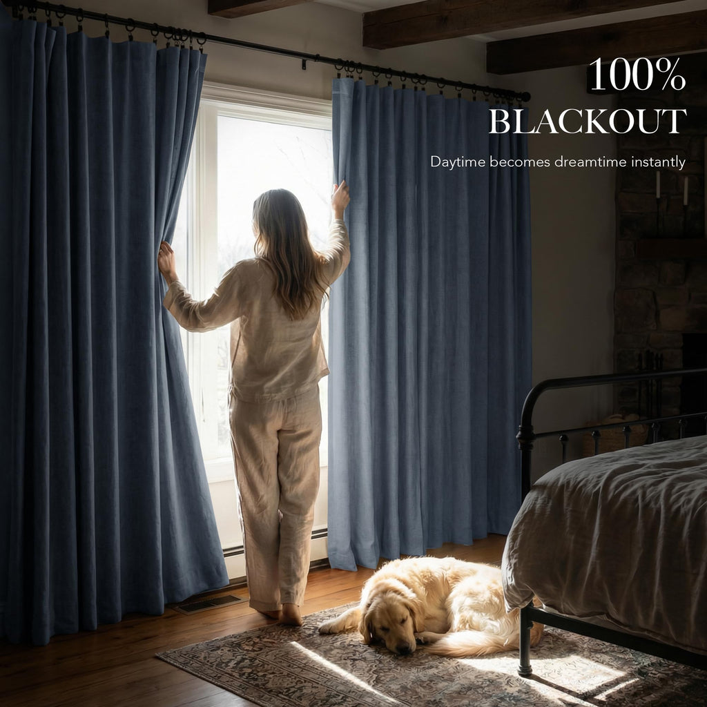 RYB HOME Smoky Blue 100% Blackout Linen Curtains 102 Inch Long for Loft
