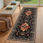 Area Rugs 3'x6' Runner Rug Non Slip Washable for Kitchen Hallway Bedroom Beside Laundry Room Bathroom Rug, Floor Carpet, Black Colorful Floral Dark Tan
