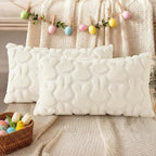 decorUhome Easter Bunny Pillow Covers 12x20 Inch Set of 2, Soft Plush Faux Wool Jacquard Cream White Rabbit Cushion Covers, Farmhouse Neutral Spring Easter Holiday Decor for Couch Sofa Bed