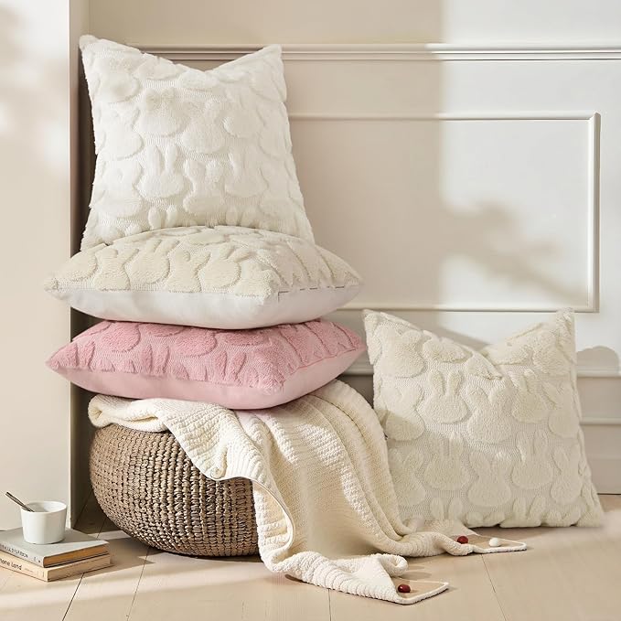 decorUhome Cream White Faux Fur Bunny Throw Pillow Covers 16x16 Set of 2