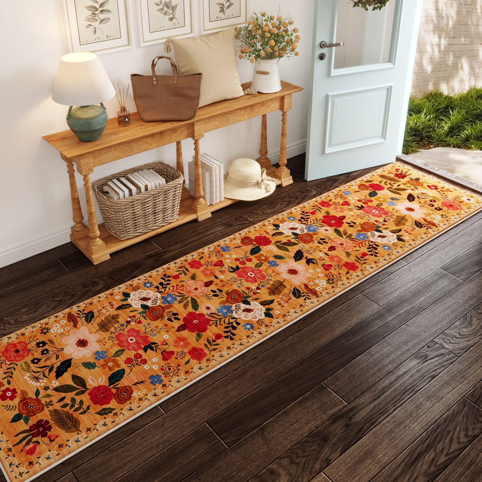 Rugcomf Runners for Hallways Kitchen Runner Rug Non Slip 2'x10' Long Washable Rugs with Rubber Backing Soft Floral Carpet Runner for Hallways, Kitchen, Laundry, Bedroom, Bathroom(Yellow)