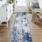 Washable Area Rugs 3x9 Non-Slip Modern Abstract Soft for Living Room Entryway Bedroom Nursery, Print Pattern, Blue Grey Navy Gray