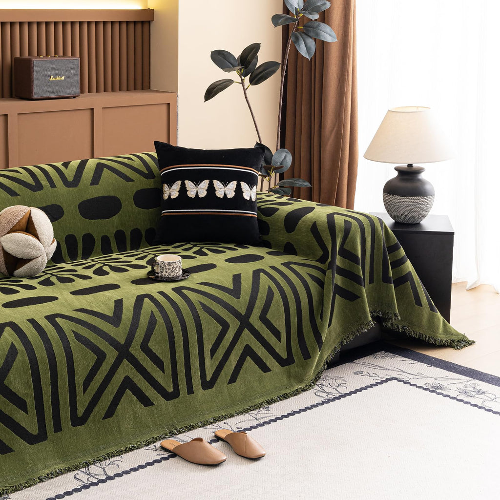 HANDONTIME Boho Couch Cover Geometric Striped Pet Covers for Couches and Sofas Olive Green and Black Dog Cover for Couch Pet Friendly Chenille Sectional Sofa Covers for Pets Washable, 71" X 150"