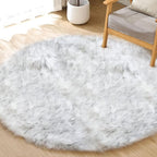ORINOVA Grey and White Plush Machine Washable Area Rugs for Bedroom Small Circle Furry Faux Sheepskin Fur Rug for Living Room Nursery Round Rug 3ft