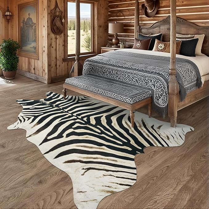 AROGAN Western Faux Fur Zebra Rug, 4.6 x 5.2 Feet Premium Animal Skin Print Rug, Sturdy Faux Zebra Hide Rugs for Wall Decor, Western Floor Carpet for Bedroom Living Room, Black and White