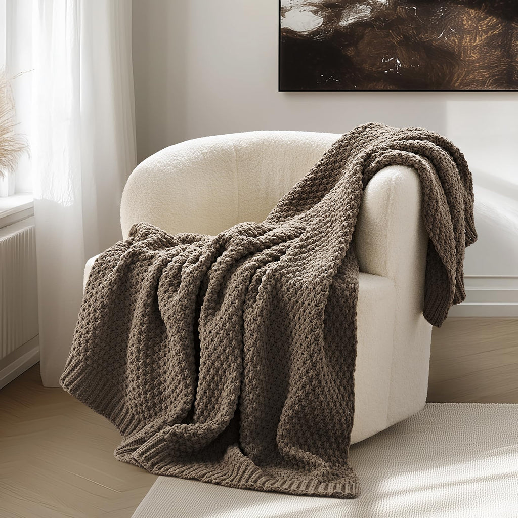 EVERGRACEHOME Chunky Chenille Knit Throw Blanket, 50 x 60, Mocha Brown