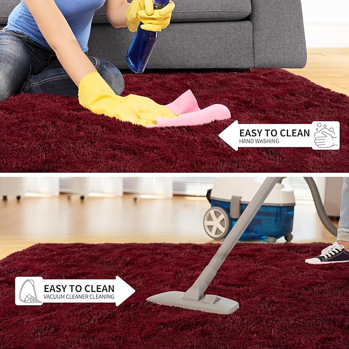 Tepook Fluffy Burgundy Rugs for Living Room, 6x9 Dark Red Area Rug for Bedroom, Soft Shaggy Plush Floor Carpet for Kids Girls Boys Room, Indoor Non Slip and Washable Carpets for Nursery Home Decor