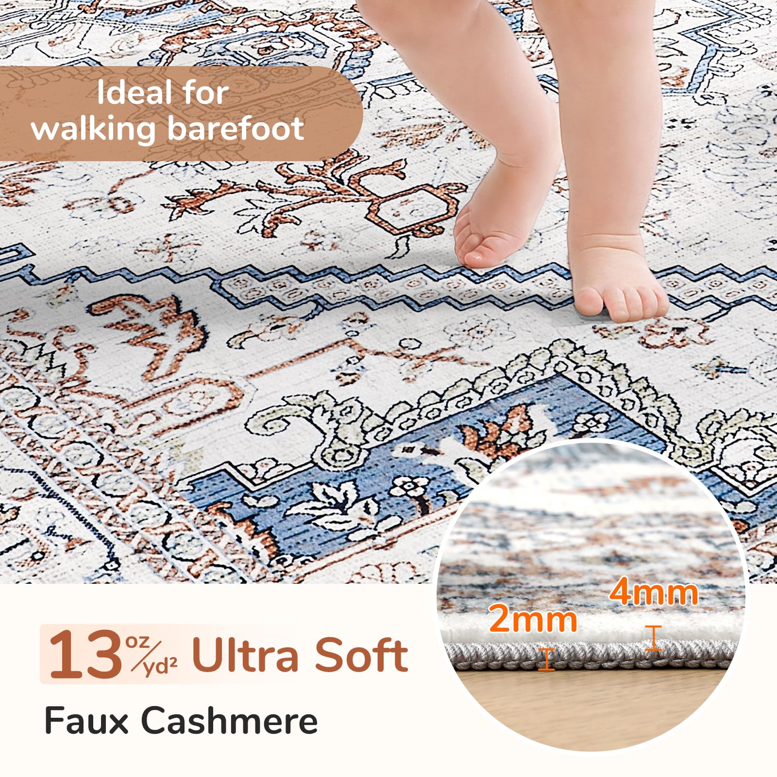 OPPODREAM Soft Area Rugs 6x9, Persian-Inspired Washable Rug, Cream White & Blue