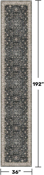 Hazo Haus Black Boho Washable 3x16 Extra Long Runner Rug for Hallway, Waterproof Large Kitchen Floor Rug, Non-Slip Stain & Fade Resistant, Vintage Floral Decor