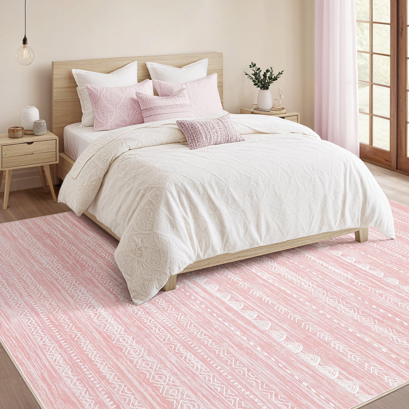 Nakagishi Boho 5x8 Area Rug Living Room Rugs Machine Washable Pink