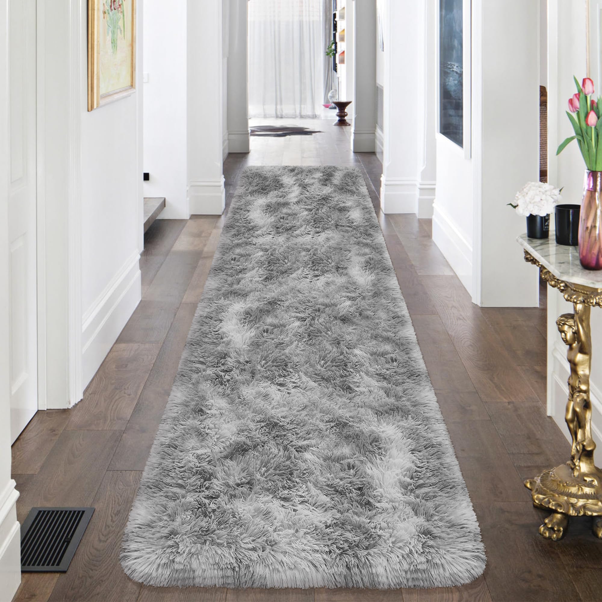 JiaoBaba Super Soft Fluffy Living Room Area Rug 2x8 ft Tie-Dyed Light Grey Shaggy Furry Carpet Washable Non-Slip Floor Rugs Bedroom Bedside Nursery Rug Fuzzy Boys Girls Dorm Home Decor Aesthetic