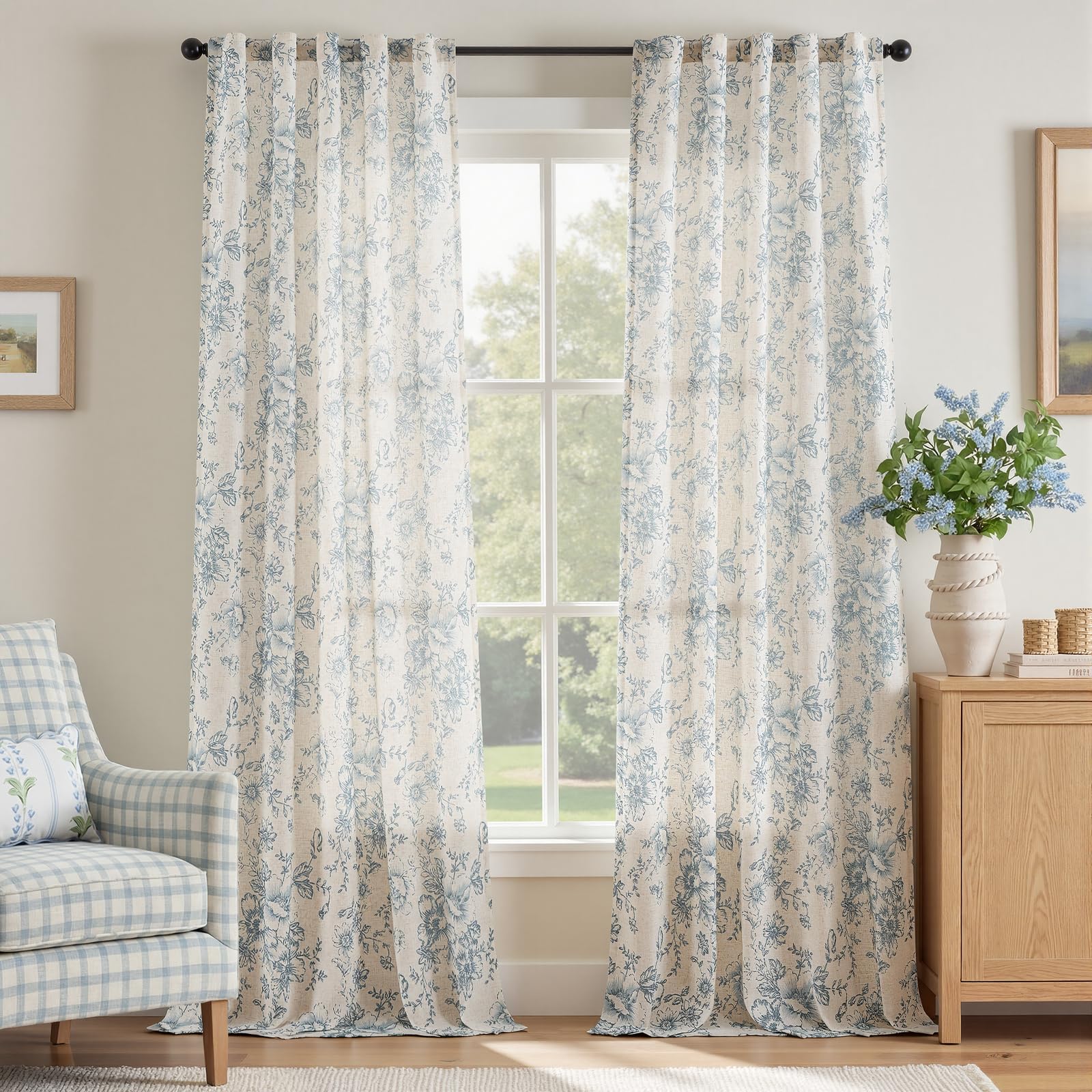 jinchan Vintage Floral Linen Curtains 90 Long for Living Room 2 Panels