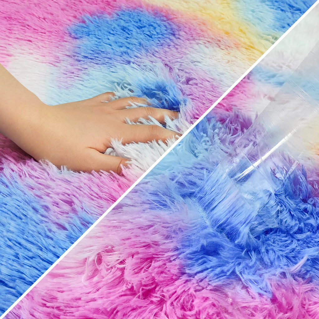 JiaoBaba Fluffy Colorful Rug for Bedroom 2x6 ft Kawaii Tie-Dyed Area Rug Non Slip Cute Unicorn Kids Runner Rug for Girls Princess Teens Living Room Playroom Baby Nursery Decor Carpets