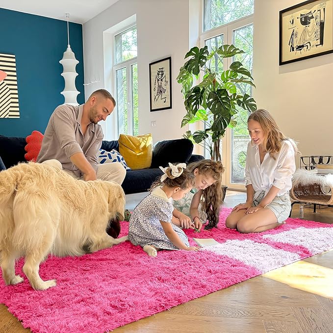 OLANLY 3x5 Machine Washable Small Bedside Rug, Soft Fluffy Shaggy Rugs for Living Room, Bedroom, Indoor Floor Carpet for Kids Girls and Boys, Preppy Dorms, Nursery, Home Decor Aesthetic, Hot Pink