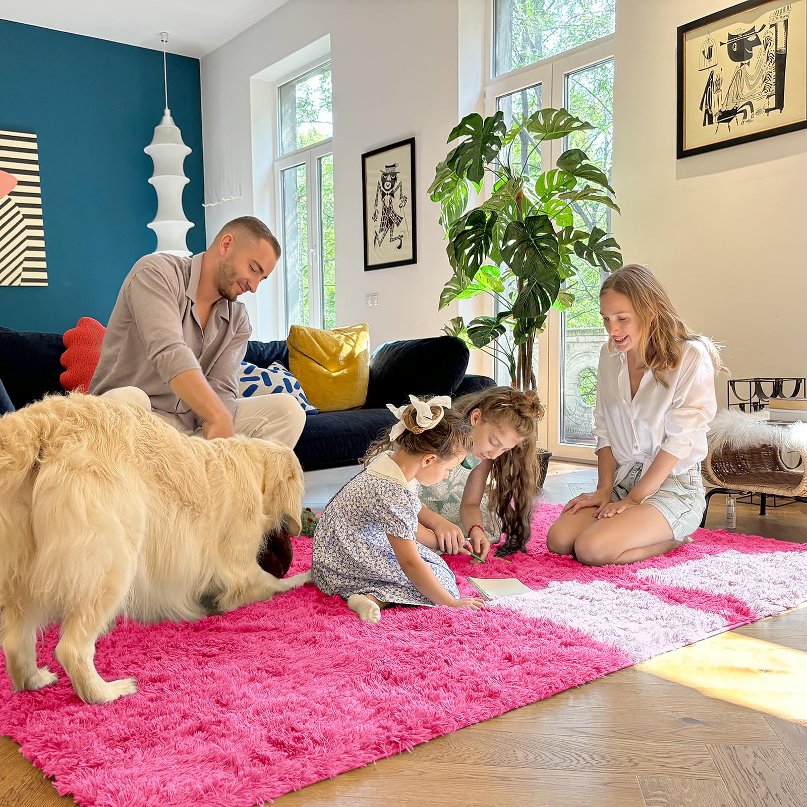 OLANLY 3x5 Machine Washable Small Bedside Rug, Soft Fluffy Shaggy Rugs for Living Room, Bedroom, Indoor Floor Carpet for Kids Girls and Boys, Preppy Dorms, Nursery, Home Decor Aesthetic, Hot Pink