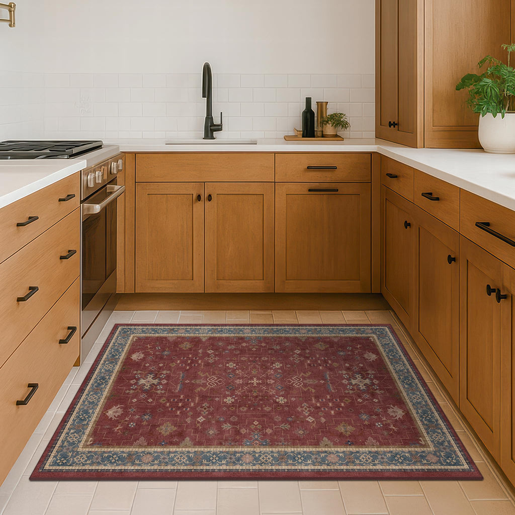 Washable 3x6 Entry Way Rugs Indoor - Burgundy Large Kitchen Rug, Non Slip Unique Bohemian Red Low Pile Thin Carpet for Bedroom Bedside, Foyer