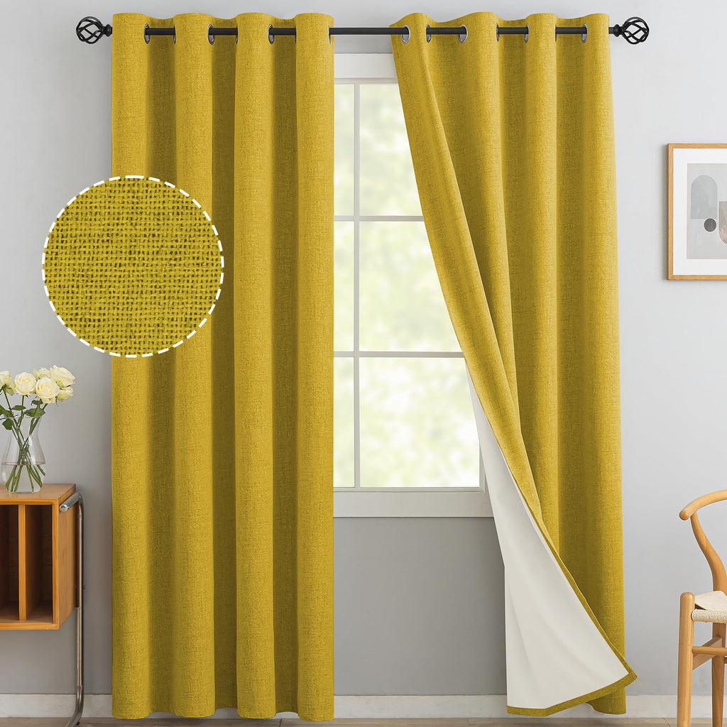 Yakamok Mustard Yellow Linen Textured Curtains 84 Inches Long for Bedroom