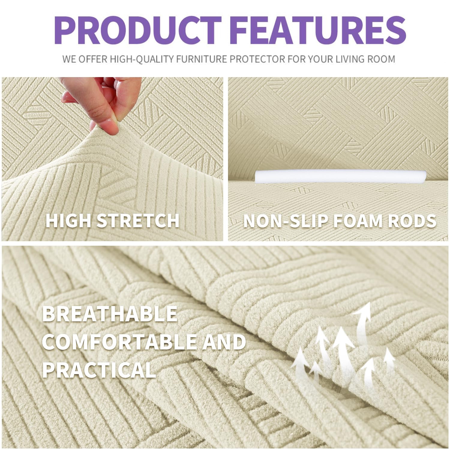 ZNSAYOTX Oversized Super Stretch Couch Cover (92"-115"), New Striped Sofa Covers Comfortable & Durable, Dog Cat Pets Friendly Extra Large Spandex Sofa Slipcovers (Beige, XL Sofa)