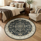 Area Rugs Round 4ft Washable Non-Slip, Floral Vintage Distress Print Pattern Medallion Carpet for Living Room Bedroom Dining Room, Vintage Black Brown Neutral