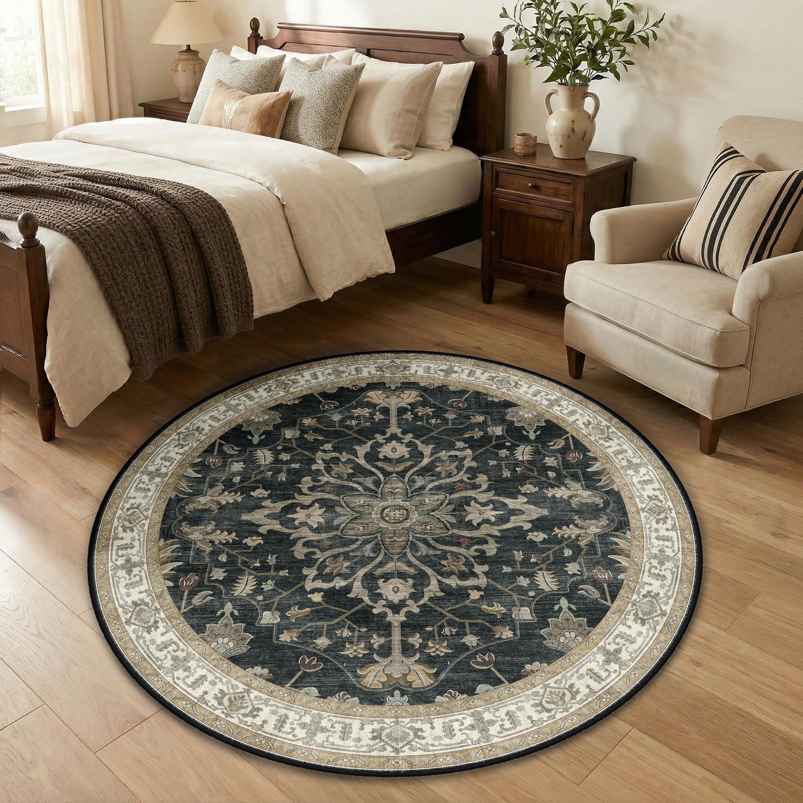 RELEANY Washable Area Rug, Round 4ft, Black/Vintage/Beige