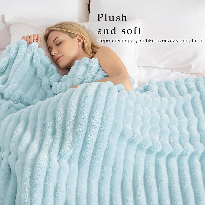 Exclusivo Mezcla Fleece Throw Blanket for Couch, Super Soft Striped Jacquard Bed Blanket, Lightweight Fuzzy Cozy for All Seasons, 50x60 Inches, Light Blue