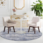 KOZYFLY Modern Abstract Round Washable Rug 5Ft, Non-Slip Soft Kitchen Bathroom Circle Rug, Grey-Blue Striped Entryway Rugs Abstract Faux Wool Doormat for Bedside Entrance Bedroom Sink
