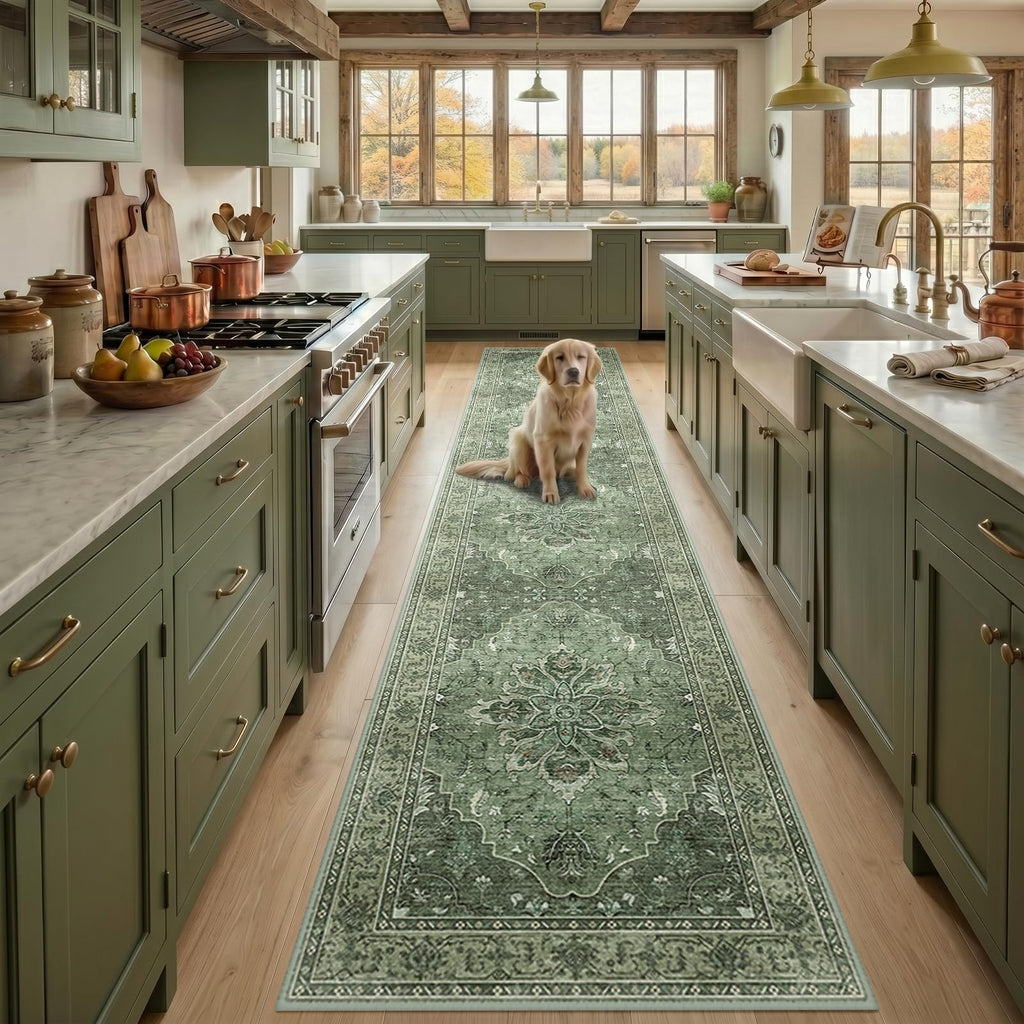 RELEANY Washable Area Rug, Runner 2'x10', Green/Dark Green/Gray