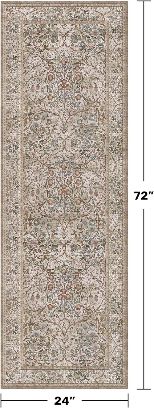 2x6 Washable Bathroom Runner Rug Non Slip - Moss Green Small Runner Rug for Kitchen, Bedroom, Hallway, Stain Resistant Kitchen Floor Mat, Ultra Soft Vintage Oriental Taupe Brown Décor Low Pile