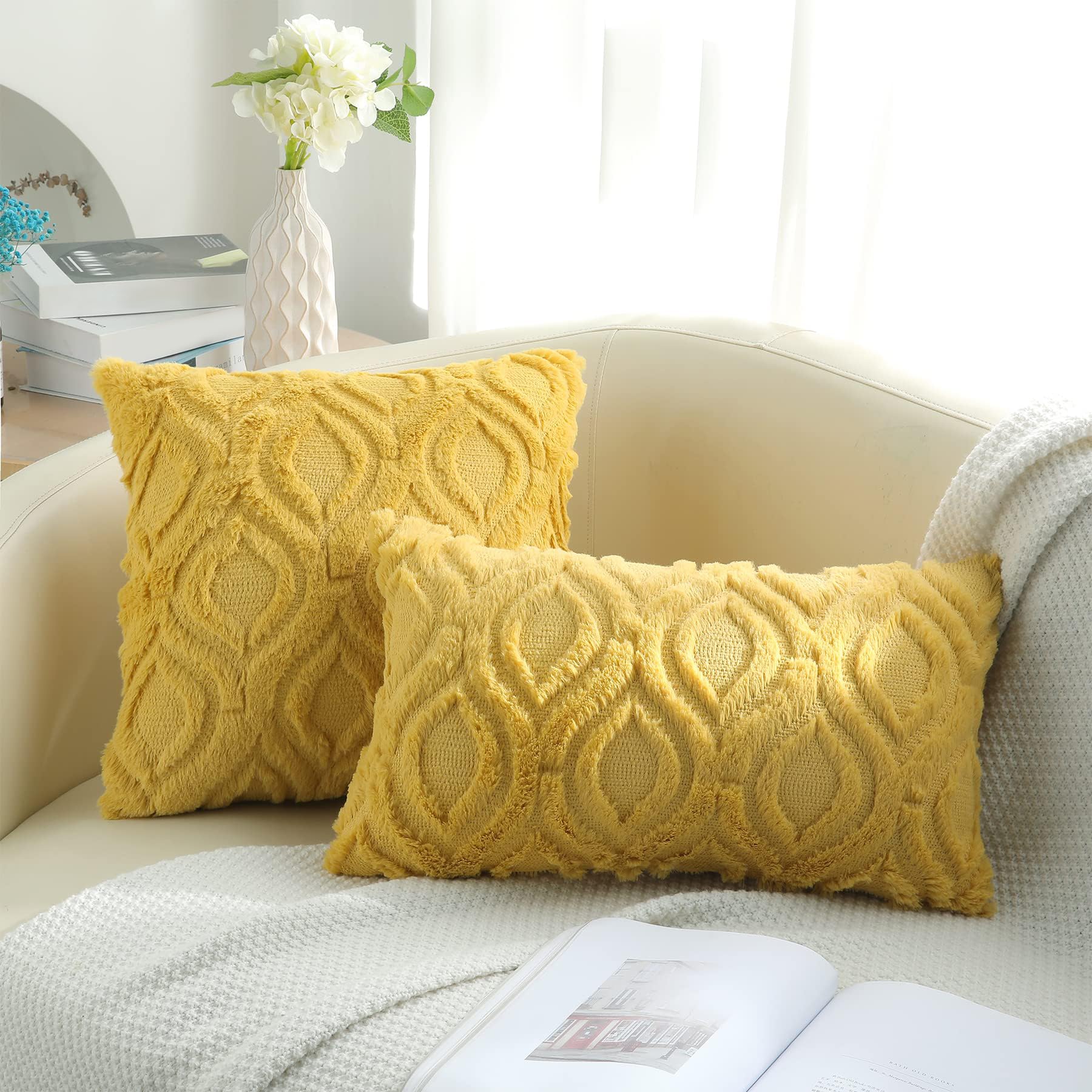 decorUhome Faux Fur Mustard Yellow Throw Pillow Covers 12x20 Set of 2