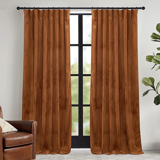 RYB HOME Orange Velvet Curtains 72 inches with Hook Belt, Back Tab