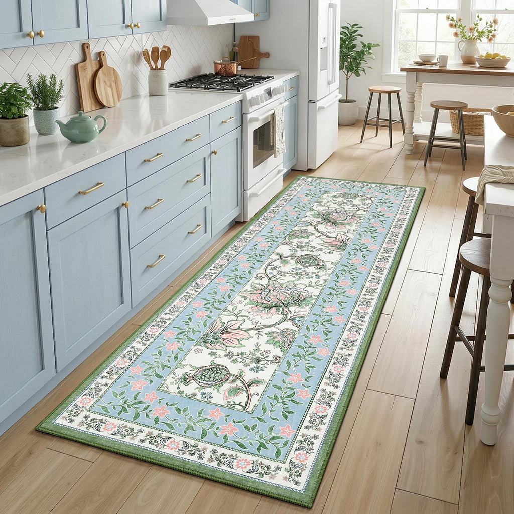 GarveeHome Blue Green Pink 8x10 Area Rugs for Living Room, Botanical Grove Cottagecore Washable Rug for Bedroom Dining Nursery Low-Pile Vintage Large Carpet