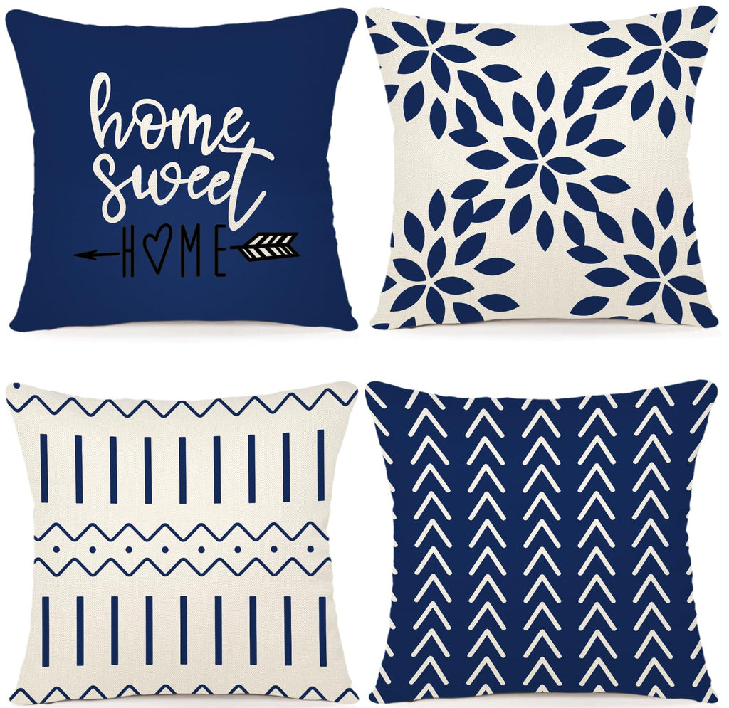 YCOLL Pillow Covers 20x20 Set of 4, Modern Sofa Throw Pillow Cover, Decorative Outdoor Linen Fabric Pillow Case for Chair Sofa Couch Bed Car, Dark Blue