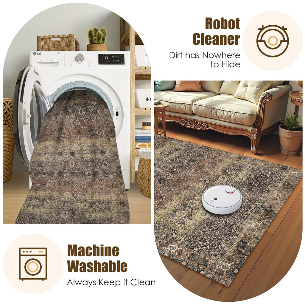 Washable Area Rug 4' x 6' Vintage Traditional Persian Mat - Foldable Distressed Non-Slip Machine Washable Carpet for Living Room Bedroom Kitchen Home Decor - Umber and Slate