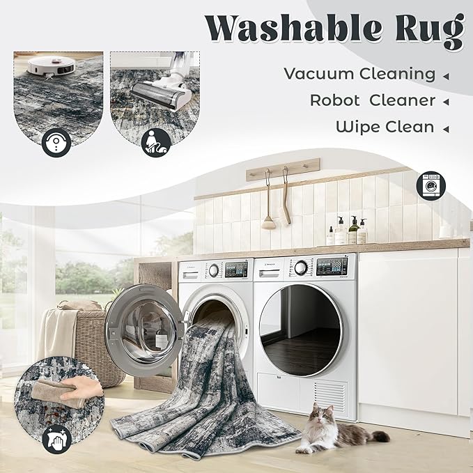 XLUEZ 5x7 Area Rugs for Living Room, Washable Modern Abstract Large Area Rug Neutral Soft Non Slip Kids Rug Stain Resistant Indoor Carpet for Bedroom Nursery Dining Room Playroom(BlackGrey, 5'x7')
