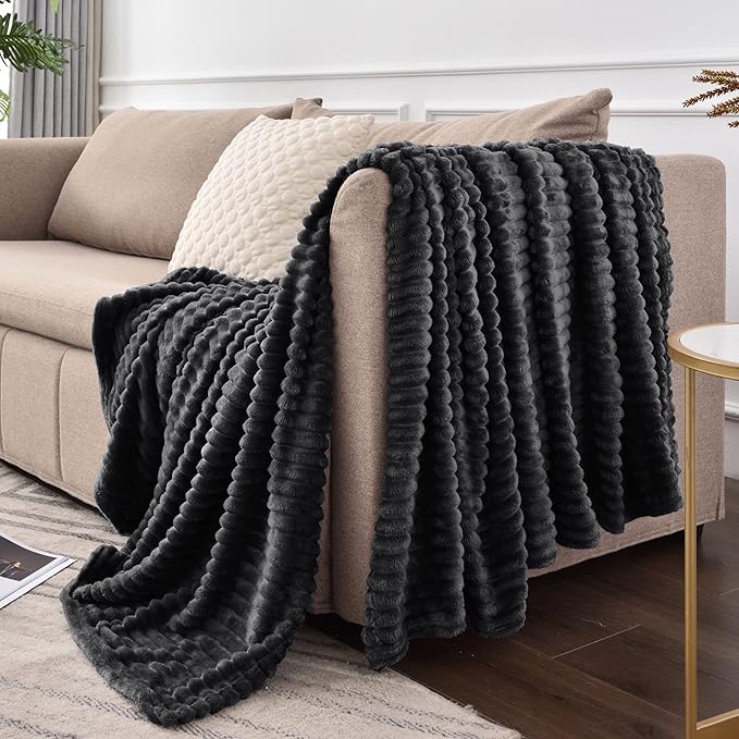 BEDELITE 3D Ribbed Jacquard Black Full Size Blankes for Bed, 84x90 Inch