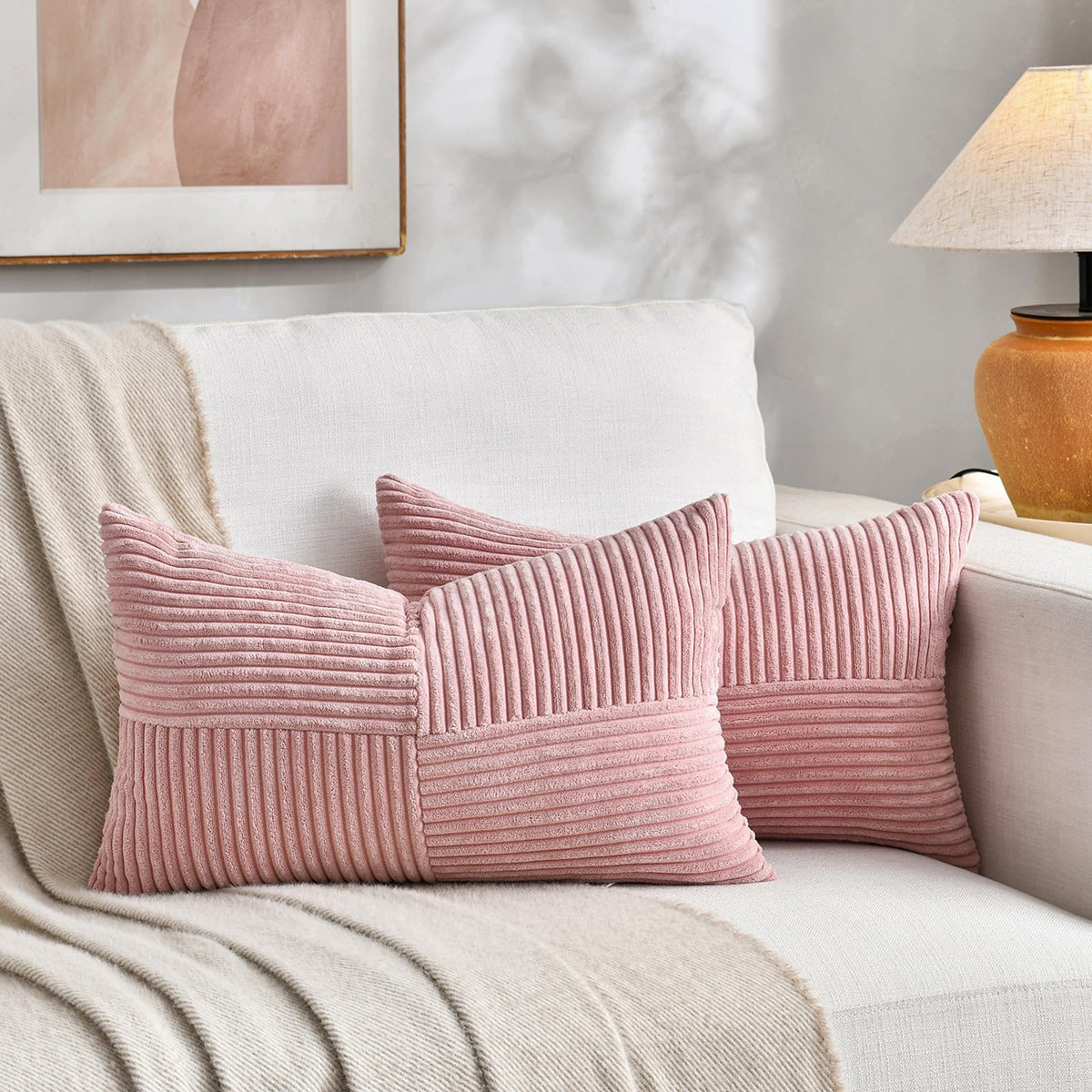 Fancy Homi 2 Packs Orange Lumbar Decorative Throw Pillow Covers 16x28 Inch for Living Room Couch Bed Sofa, Farmhouse Boho Home Decor, Soft Striped Corduroy Rectangle Accent Cushion Case 40x70 cm