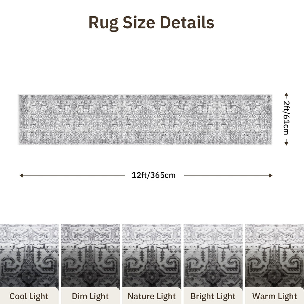Hallway Washable Runner Rug 2x12 - Non Slip Vintage Kitchen Runner Rugs for Entryway Low-Pile Waterproof Long Runners for Living Room Bedroom Medallion Indoor Floor Mat for Bathroom Laundry Grey