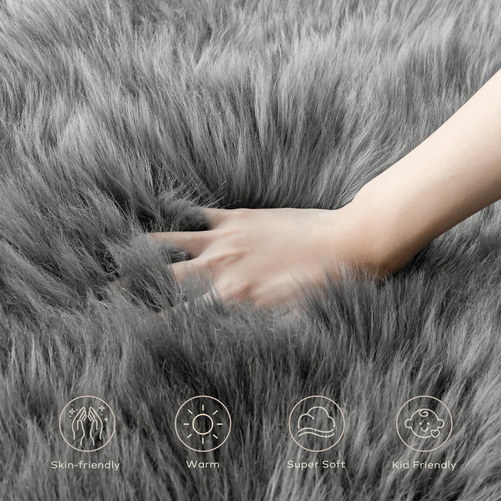 Ashler Faux Fur Rug - Fluffy Shaggy Area Rug, Ultra Soft 2 x 3 Feet Rectangle, Dark Grey Fuzzy Machine Washable Shag, Nursery Decor Throw for Bedroom, Living Room