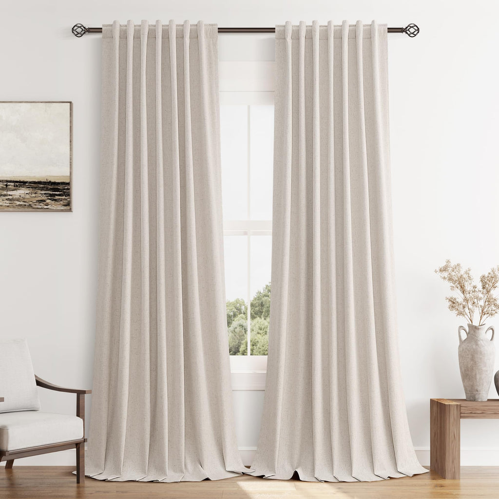 Guken 100% Blackout Curtains 90 Inch Length 2 Panels Set for Living Room Bedroom Back Tab Thermal Insulated Black Out Linen Drapes Room Darkening Window Curtains 90 Inches Long, Sand Beige