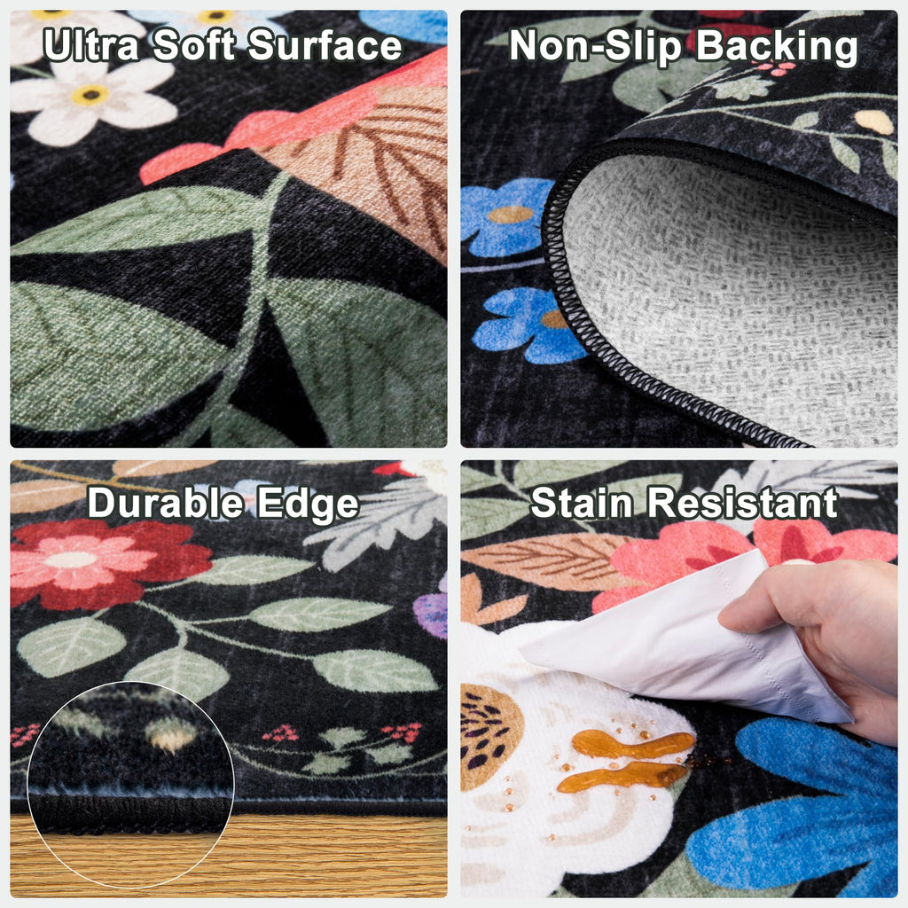 PLHXFR Area Rug Living Room: 4x6 Floral Washable Boho Soft Carpet Black