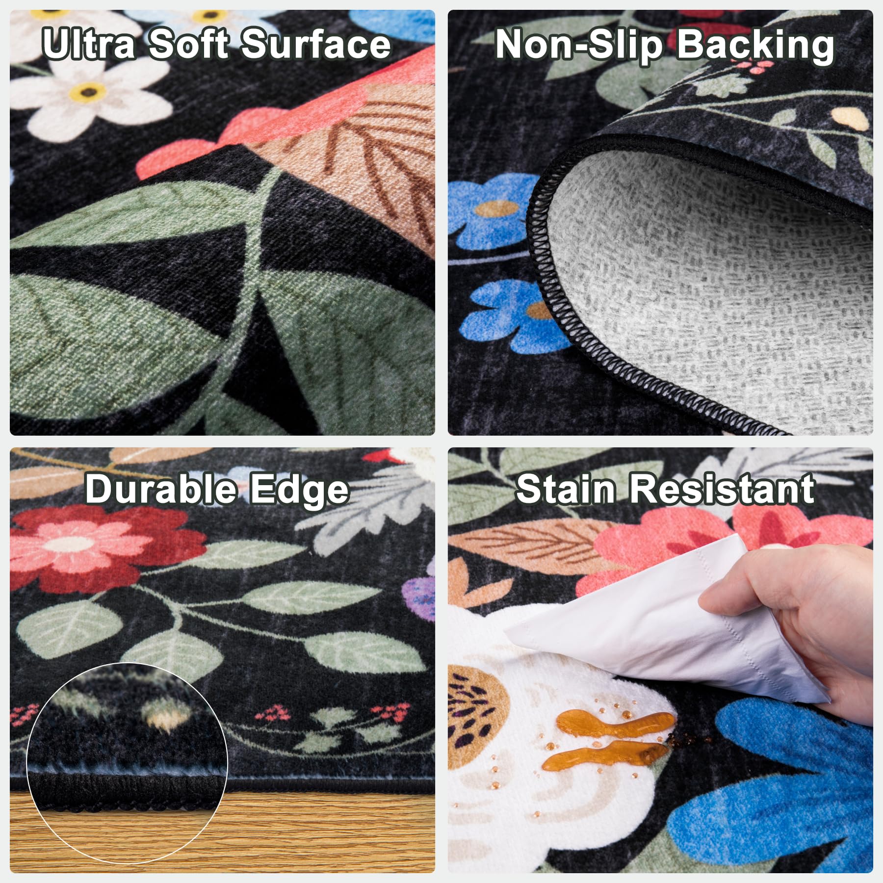 PLHXFR Area Rug Living Room: 4x6 Floral Washable Boho Soft Carpet Black