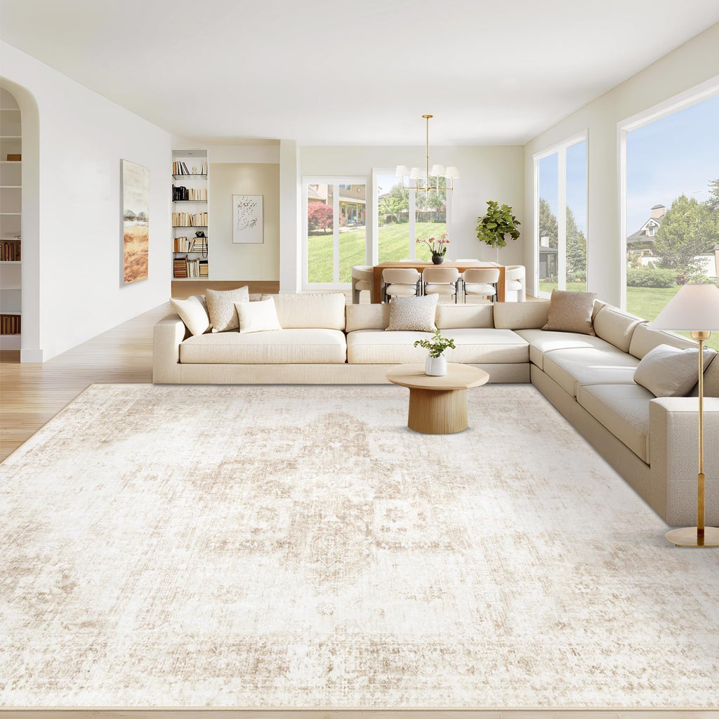 VECARF Area Rug 10x14 Washable Rug, Vintage Boho Medallion Rugs Non-Slip Soft Low Pile Large Distressed Rug Indoor Retro Carpet for Living Room Bedroom Dining Room Home Office (Beige, 10'x14')