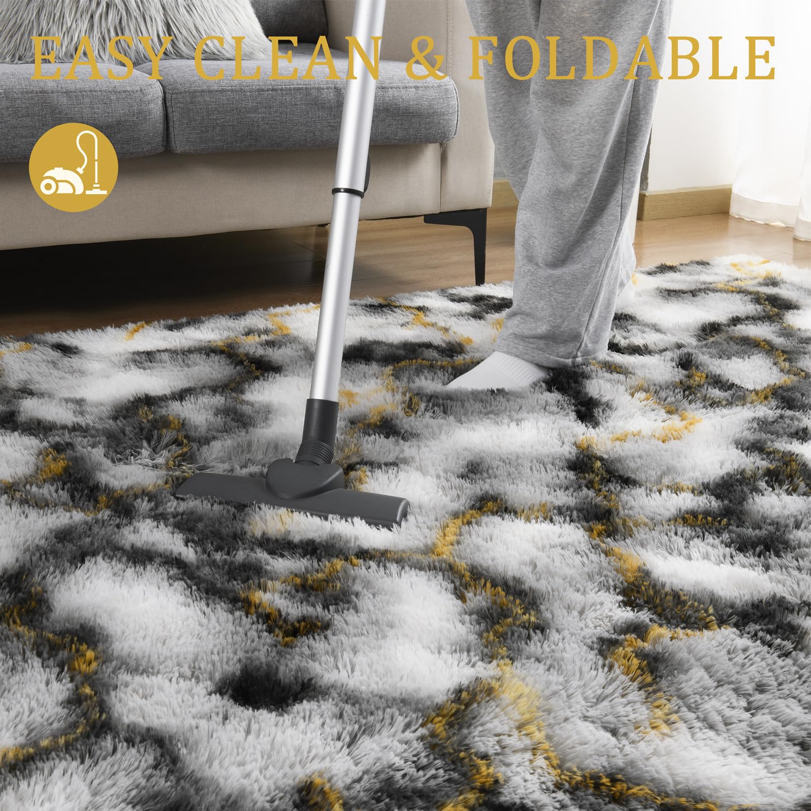 LOCHAS Area Rugs Fluffy Living Room Carpets for Kids Bedroom 6x9, Grey-Gold