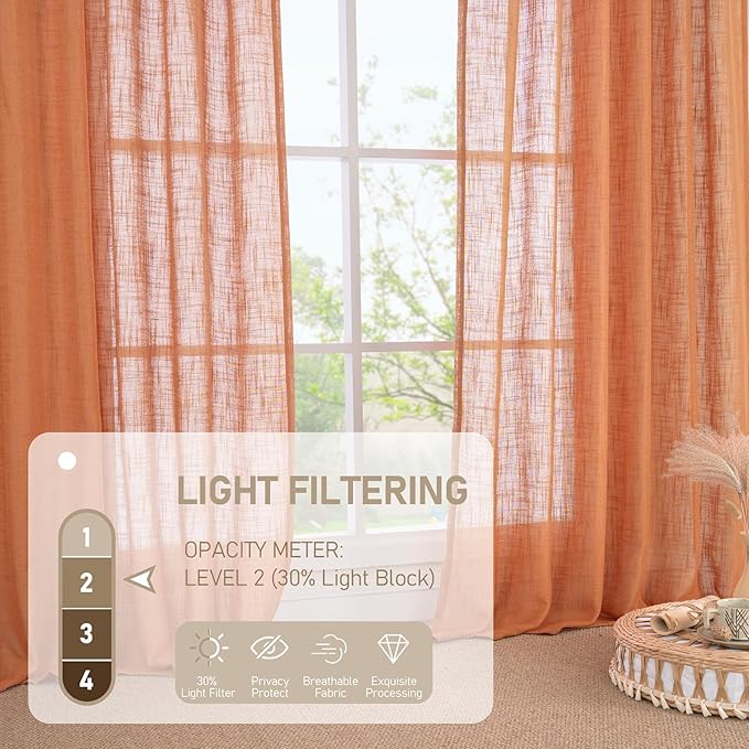 LAMIT Sheer Linen Curtains 63 Inch for Bedroom, Light Filtering Country Decor Semi Sheer Farmhouse Boho Curtains Back Tab and Rod Pocket Living Room Panels, Burnt Orange, 2 Panels, 52 x 63 Inch