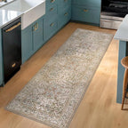 Hazo Haus Moss Green 2x5 Bathroom Rug Runners Non Slip Washable - Neutral Runner Rug for Kitchen Floor, Bedroom, Laundry Room, Hallway - Thin Vintage Oriental Taupe Bathroom Rugs Stain Resistant